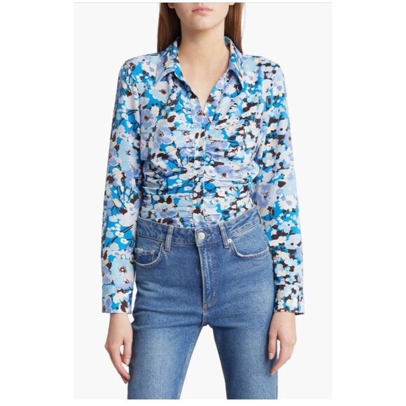 NWT Rails Lisa Top in Blue White Black Zinnia Button Up Size Large - Picture 1 of 13